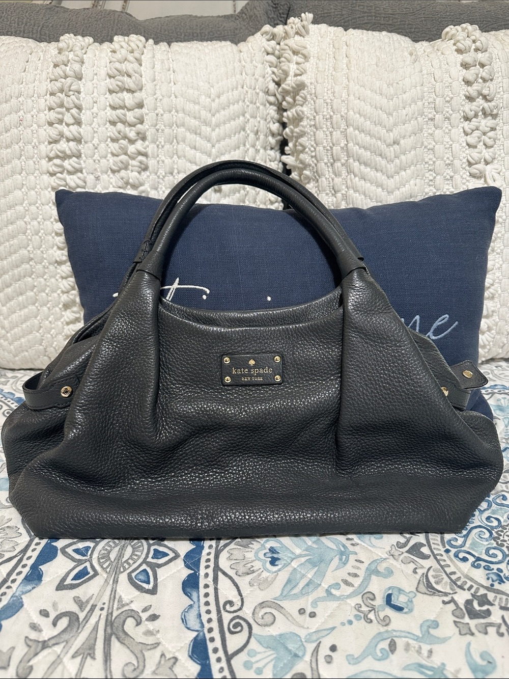 kate spade Dark Gray Pebbled Leather Shoulder Bag with Gold Plate